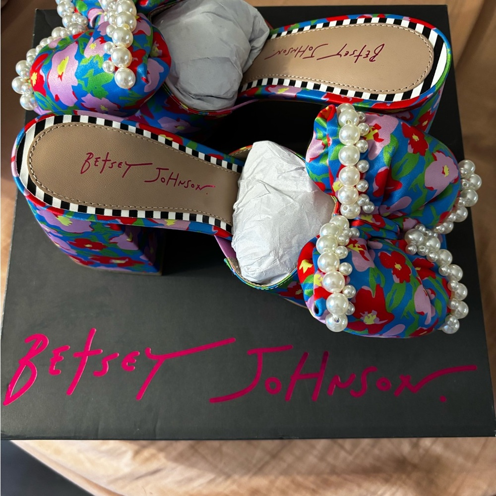 Betsey Johnson Colorful Floral Platform Heels with Pearls